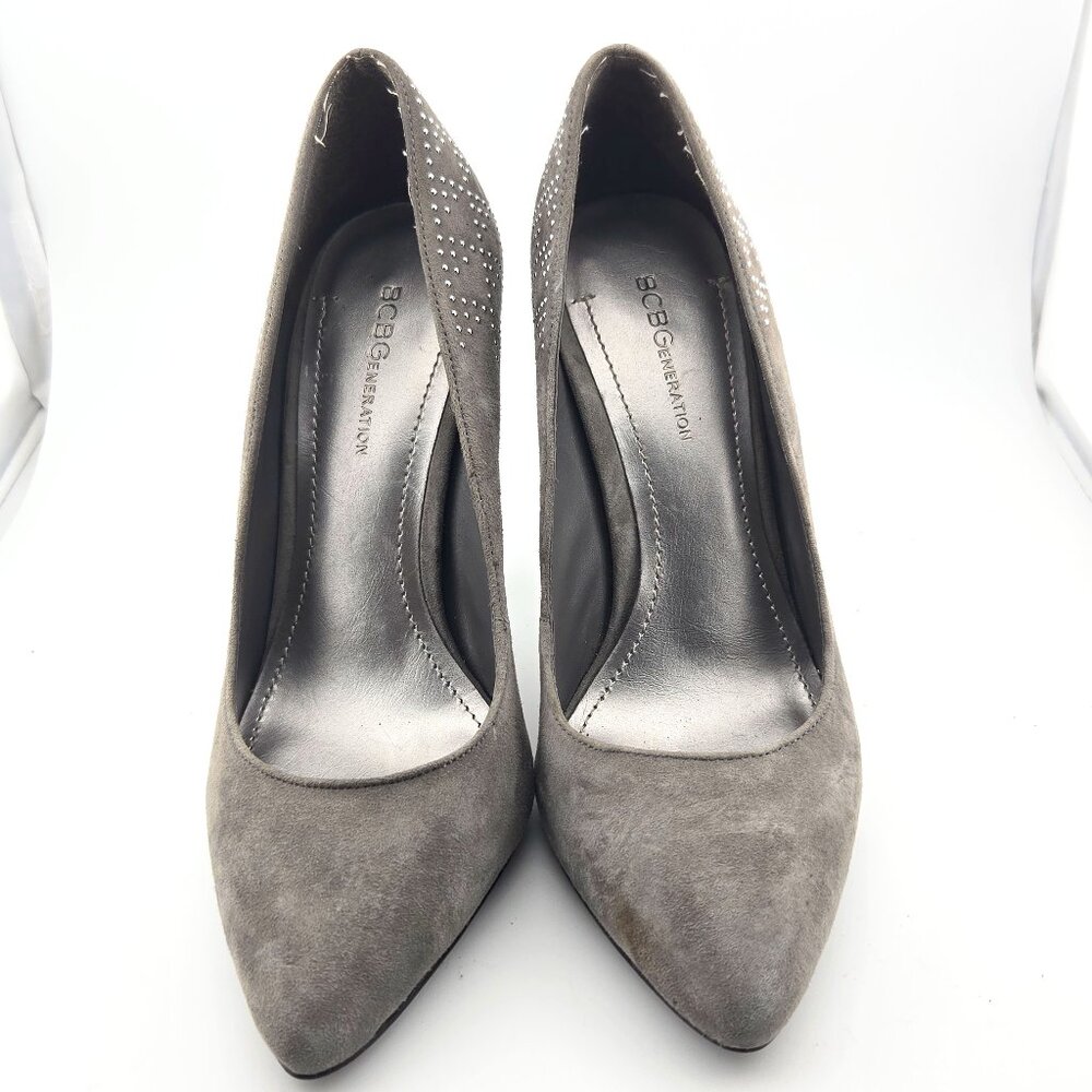 BCBGeneration Jaini Gray Suede Studded Heels | Size 7M | 4” High Heel Pumps